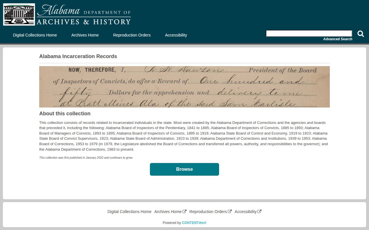 Alabama Department of Archives and History incarceration collection interface