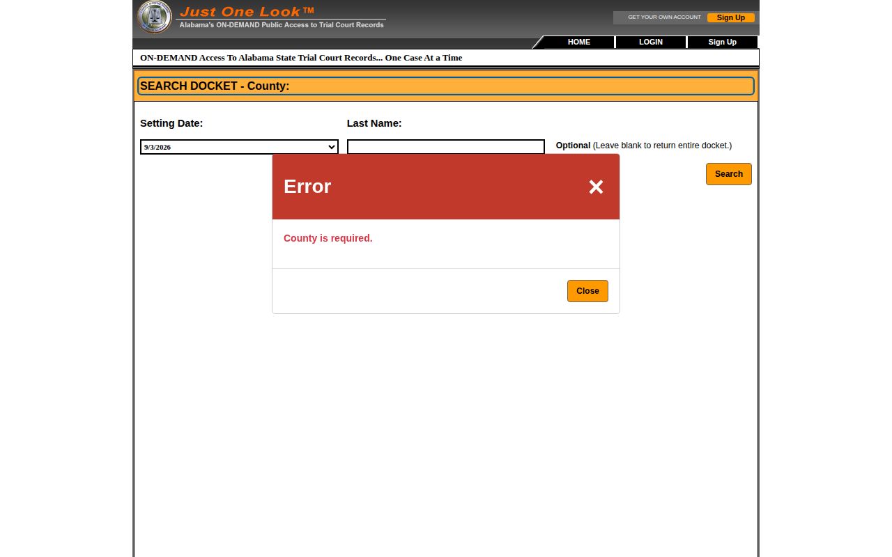 Official Alabama Just One Look case-search interface