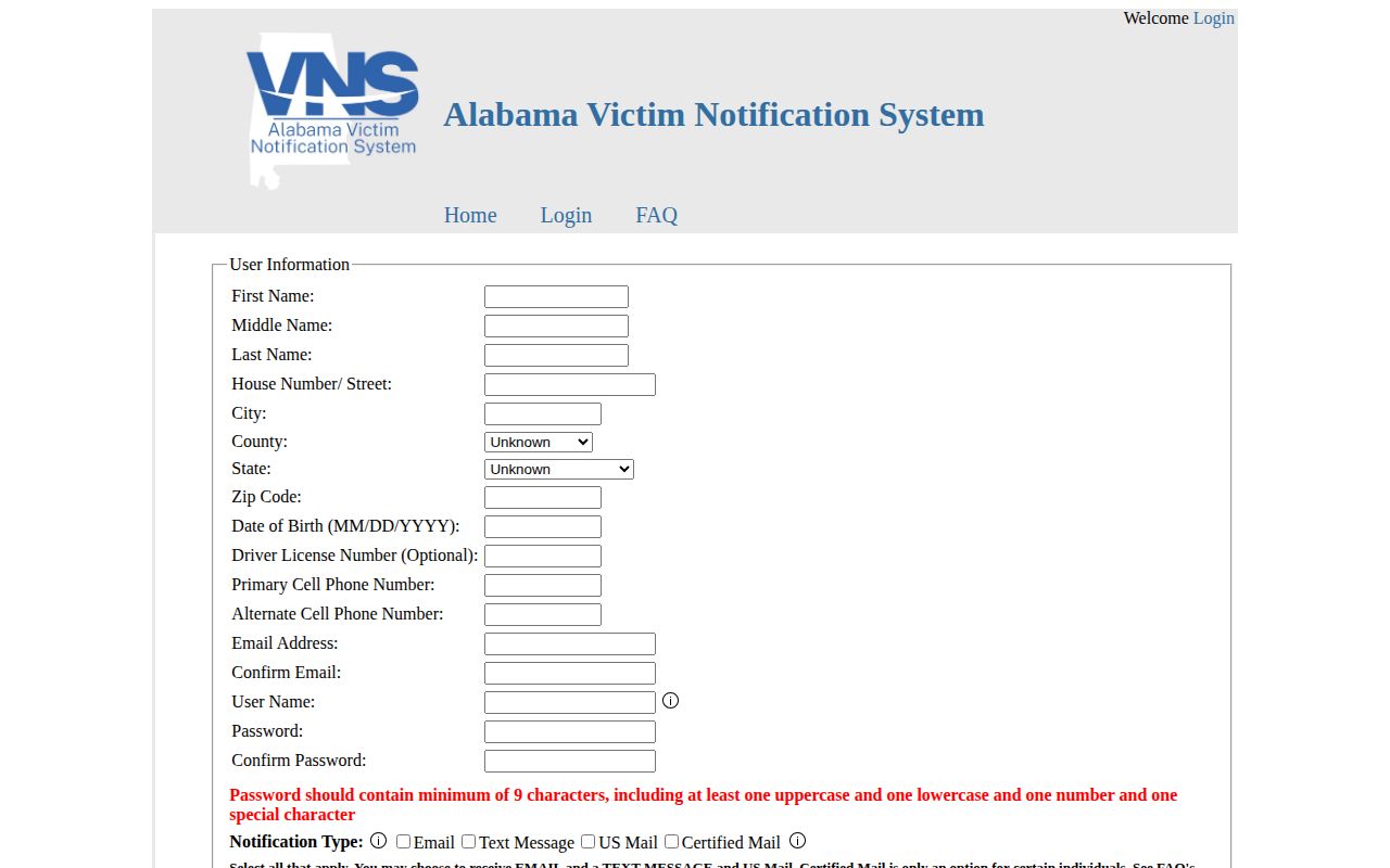 Blount County VINE arrest check Alabama VNS registration fields